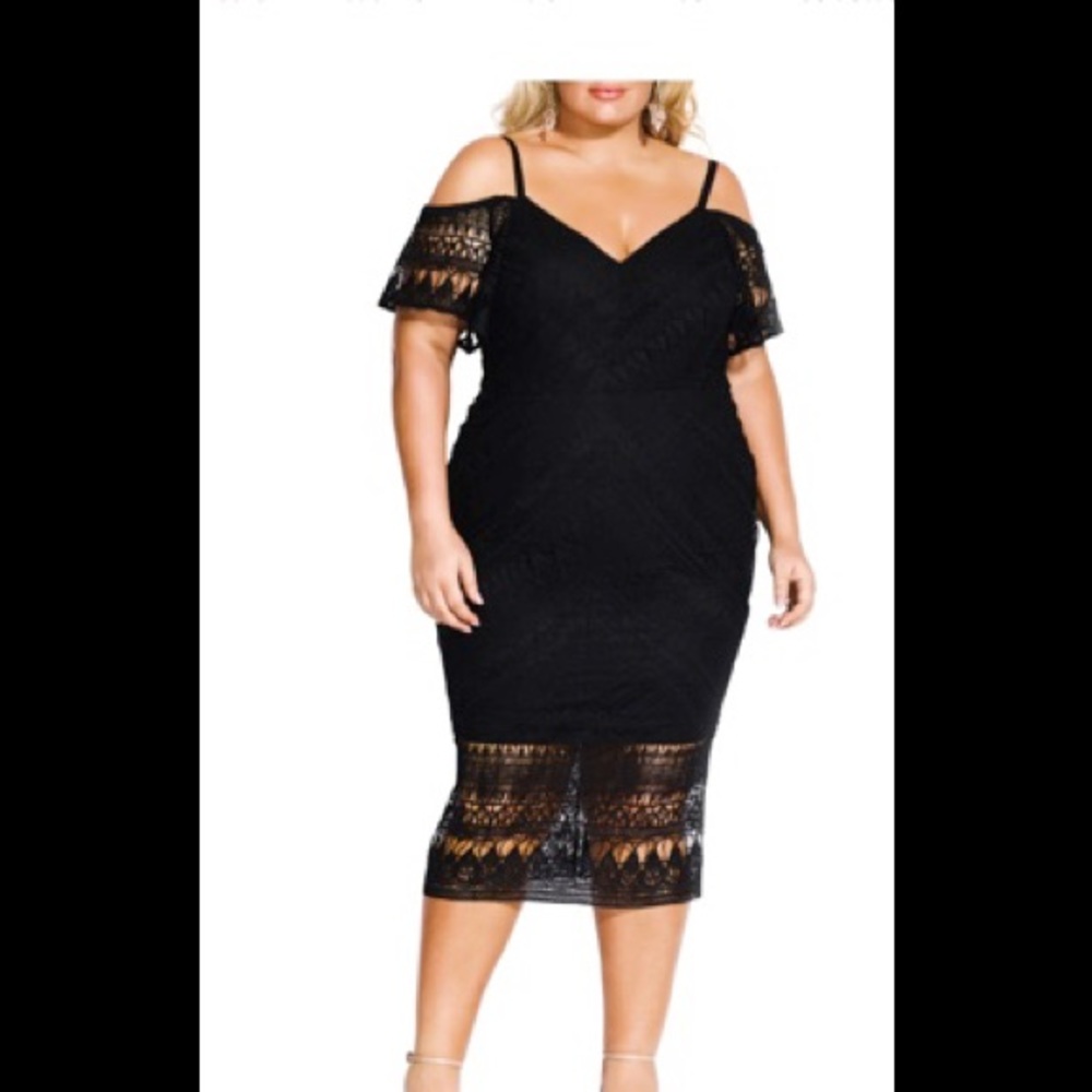 City Chic Black Cold-Shoulder Lace Midi Dress